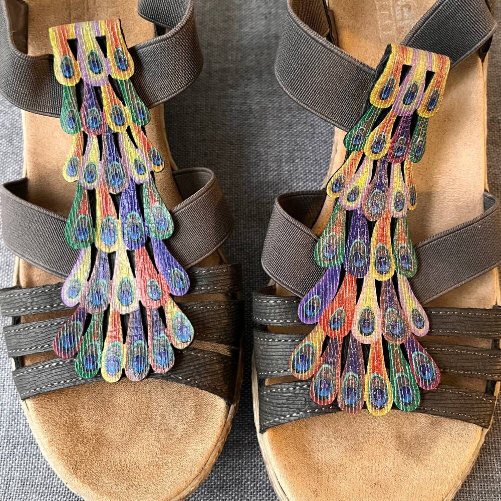 Rieker Sandals Womens Size 37 Brown Multi Color Peacock Boho Festival Wedge Art - Picture 8 of 8